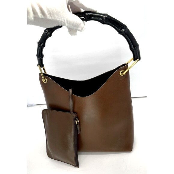 GUCCI authentic Leather Handbag W Wallet brown Bamboo handle Gold accents Italy - Picture 5 of 16